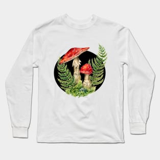 Cottagecore Fairy Mushrooms, Toadstool and Ferns, Fungus Mycology Art, Amanita Muscaria Long Sleeve T-Shirt